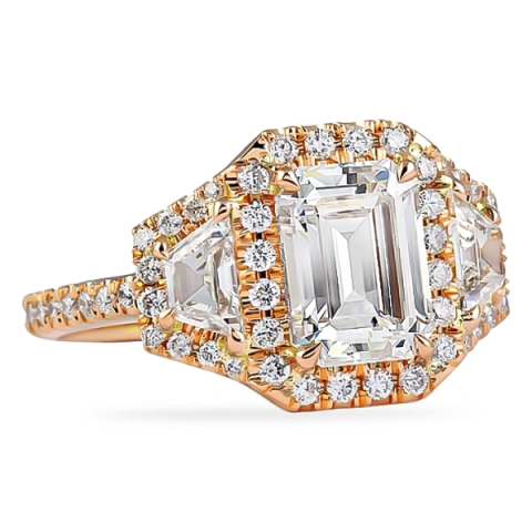 Emerald Cut Moissanite Three-Stone Halo Rose Gold Ring flat