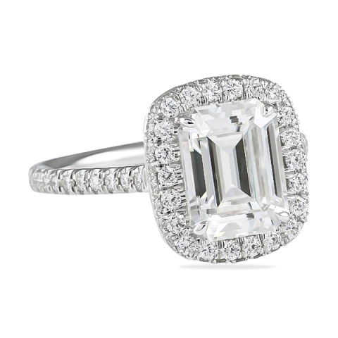 Emerald Cut Moissanite Cushion Halo Engagement Ring flat