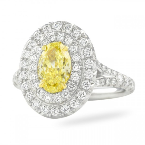 1 carat Fancy Intense Yellow Oval Diamond Double Halo Ring flat