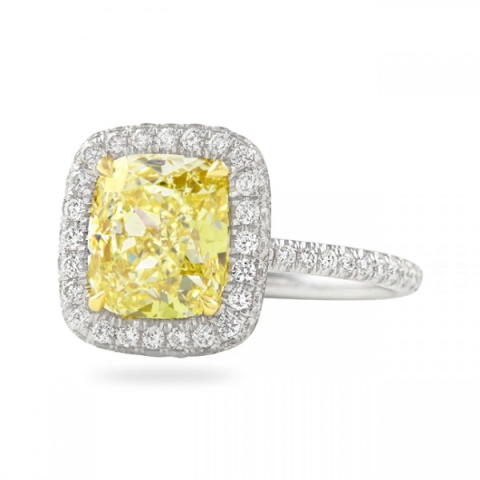 4 carat Yellow Cushion Cut Diamond Halo Ring flat