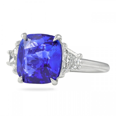 5.07 carat Cushion Cut Sapphire and Diamond Three-Stone Ring flat