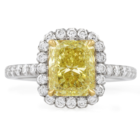 2.43 carat Fancy Yellow Radiant Scalloped Double Edge Halo Ring flat