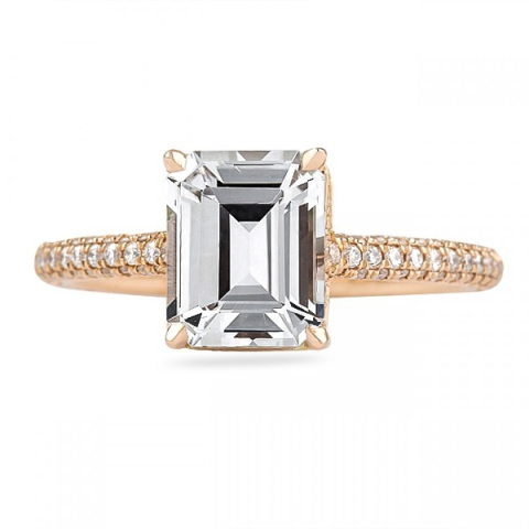 Emerald Cut White Sapphire Three-Row Engagement Ring