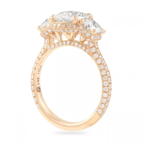 Cushion Moissanite Three-Stone Hidden Halo Rose Ring side