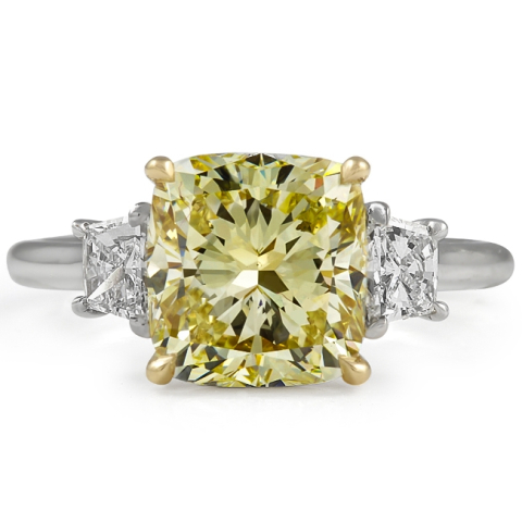 3.20 carat Yellow Cushion Cut Diamond Three-Stone Ring flat