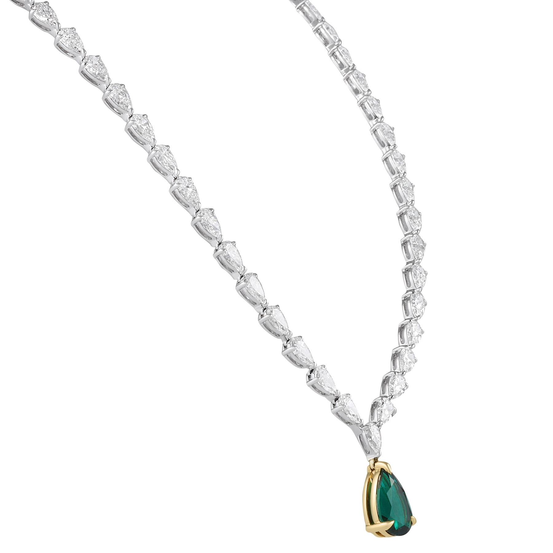 Pear Shape Lab Diamond Tennis Necklace with Green Emerald Drop front