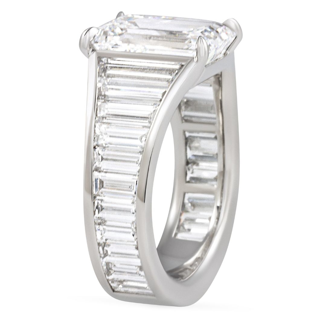 4.57 carat Emerald Lab Diamond Tapered Channel Set Ring flat