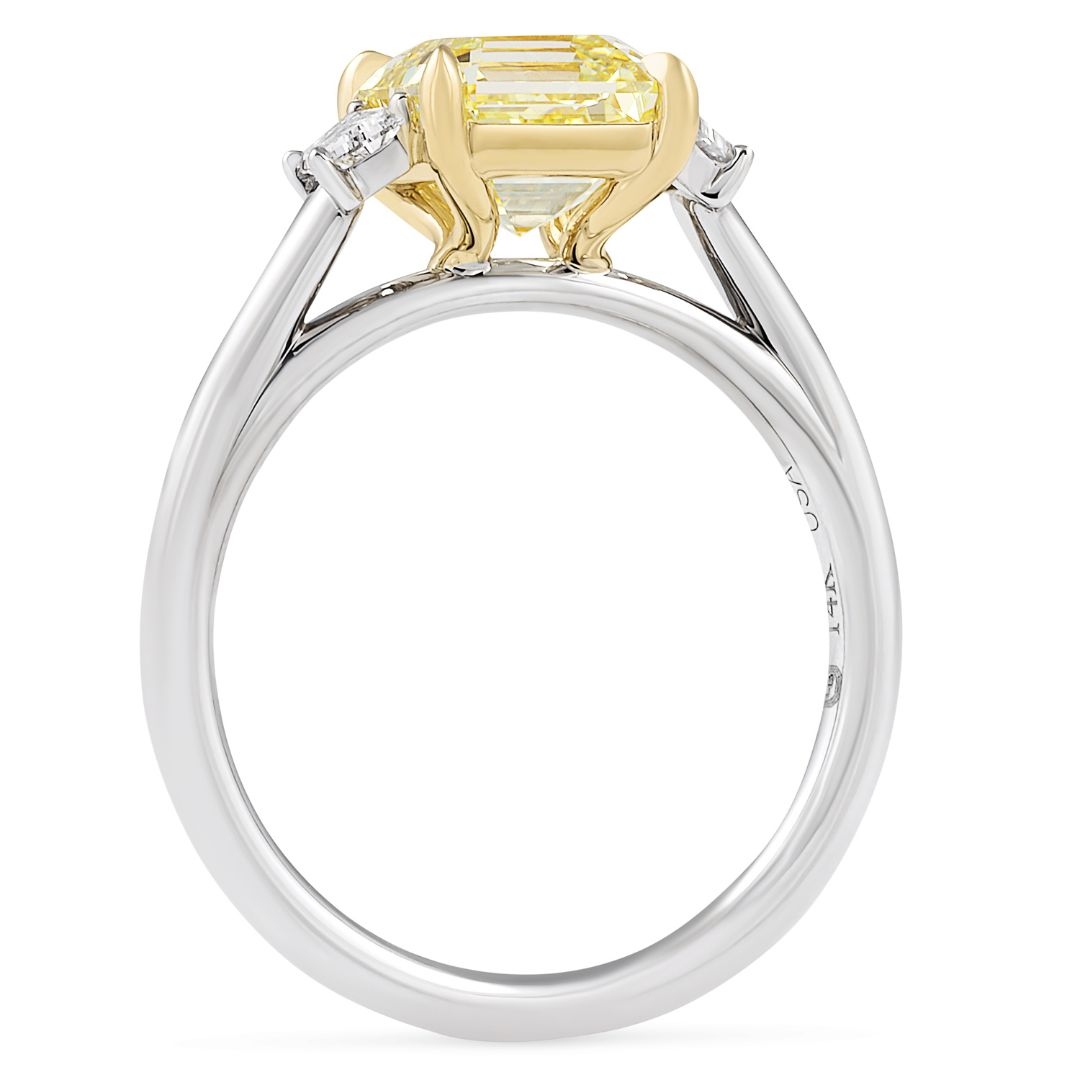 2.11 carat Asscher Cut Fancy Yellow Lab Diamond Three-Stone Ring flat