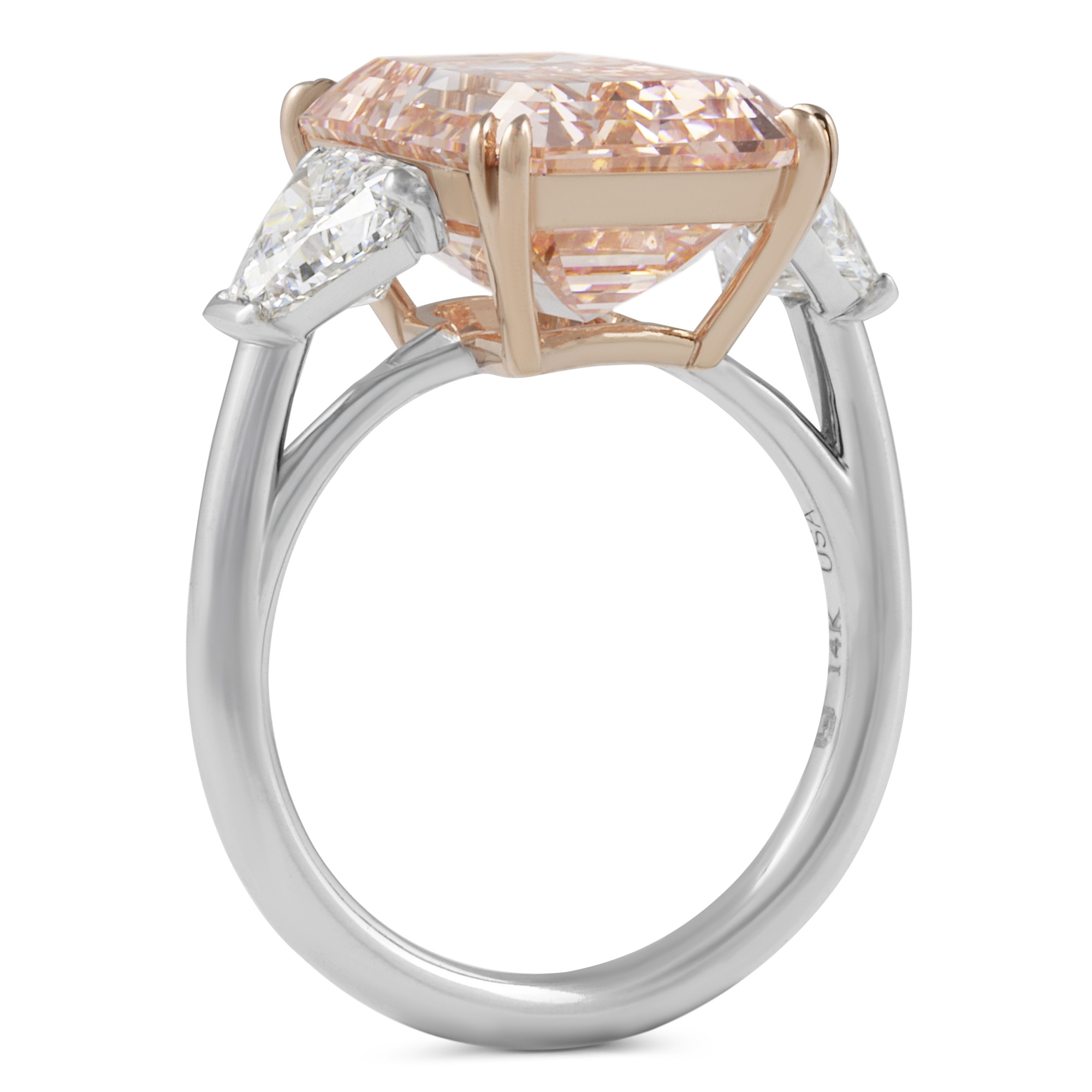 8.34 carat Fancy Pink Emerald Cut Lab Diamond Three-Stone Ring flat
