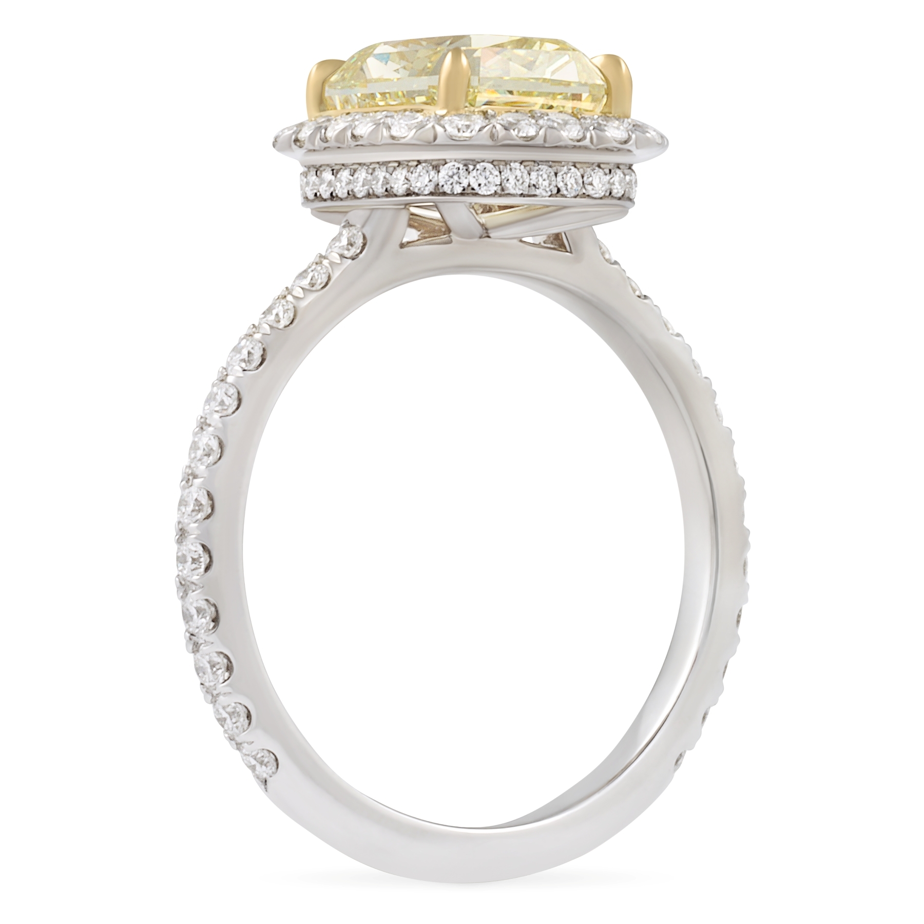 2.43 carat Fancy Yellow Radiant Scalloped Double Edge Halo Ring flat